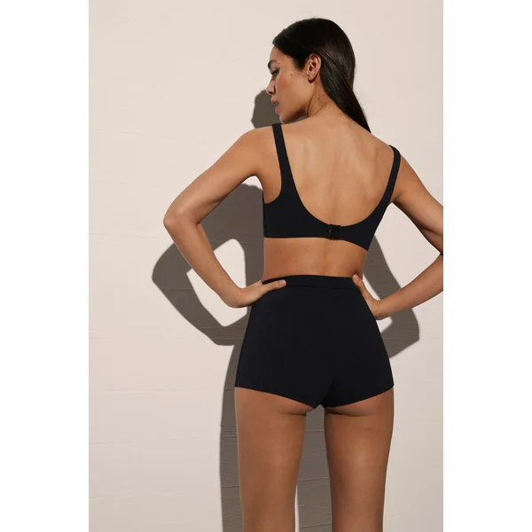 Bas de bikini short taille haute à texture rayée noire