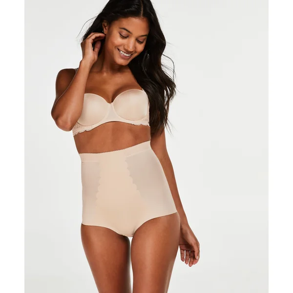 Bas taille haute avec gaine sculptante en dentelle festonnée - Level 3 - Beige