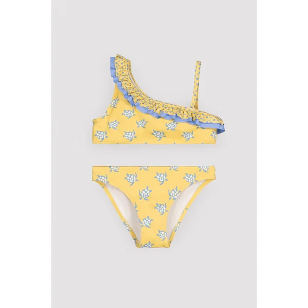 Bikini asymétrique pour filles avec détails à volants et imprimé tortue