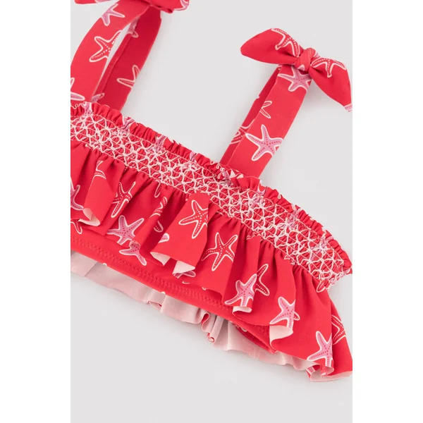 Bikini pour fille avec détails à volants et motif nid d'abeille orné d'étoiles de mer