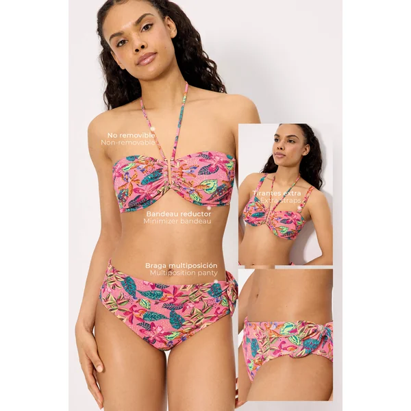 Ensemble bikini composé d'un haut minimisant et d'une culotte multi-positions en piqué imprimé tropical, bonnet C