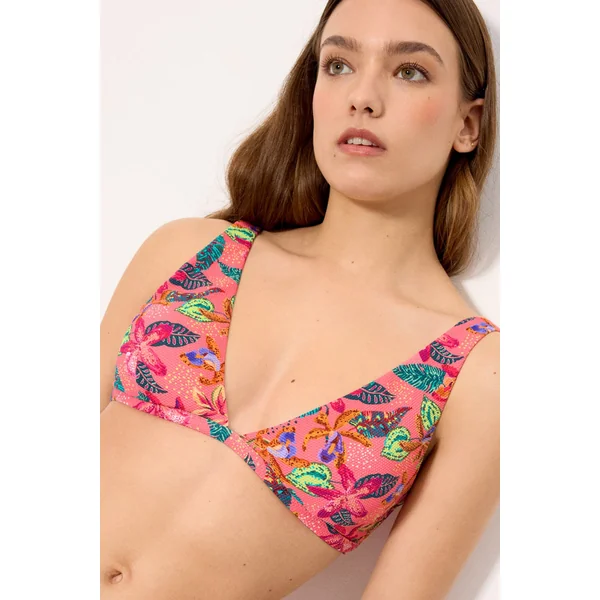 Ensemble bikini, haut triangle, haut en piqué imprimé tropical, bonnet B