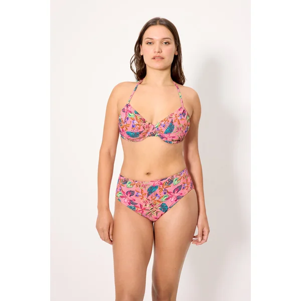 Ensemble bikini minimiseur avec culotte taille haute en piqué imprimé tropical, bonnet D