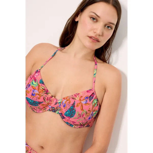 Ensemble bikini minimiseur avec culotte taille haute en piqué imprimé tropical, bonnet D