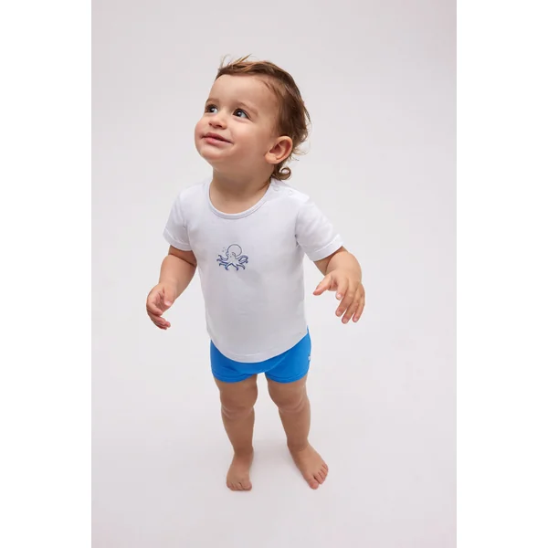 Ensemble bébé maillot de bain boxer et t-shirt poulpe blanc