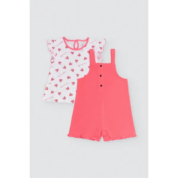 Ensemble bébé t-shirt manches courtes et salopette Framboise