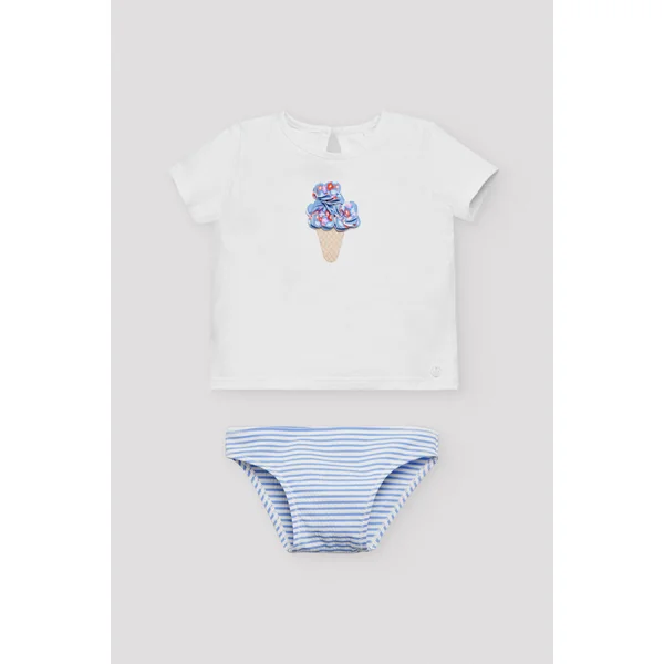Ensemble maillot de bain bébé avec bas texturé à rayures bleues et t-shirt
