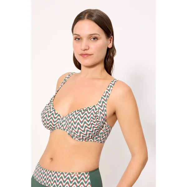 Haut de bikini amincissant en micropiqué imprimé vert bouteille, bonnets E et F