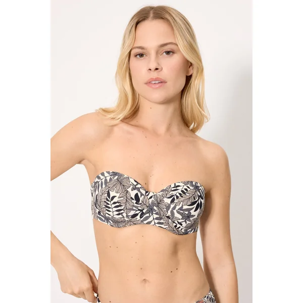 Haut de bikini bandeau noir en micropiqué à motif de feuilles, bonnet B