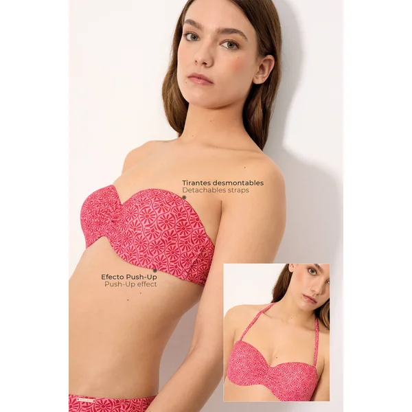 Haut de bikini bandeau push-up à fleurs roses et rouges, bonnet B