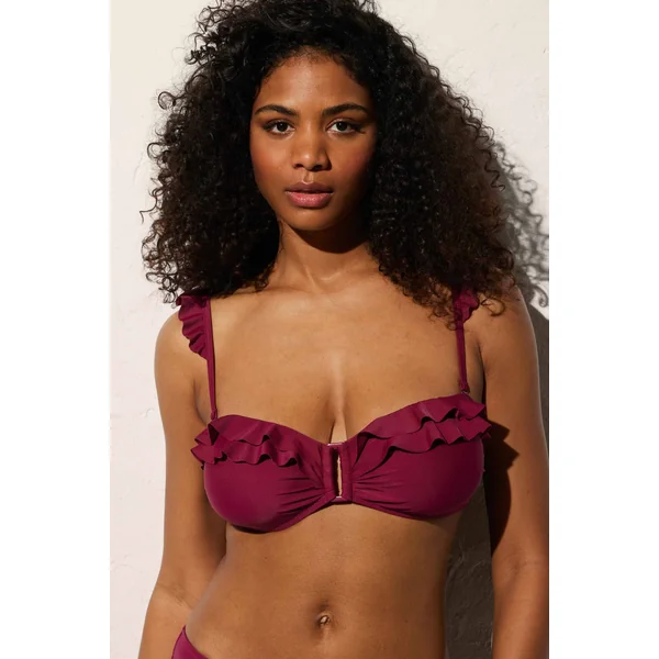 Haut de bikini bandeau uni à volants bordeaux