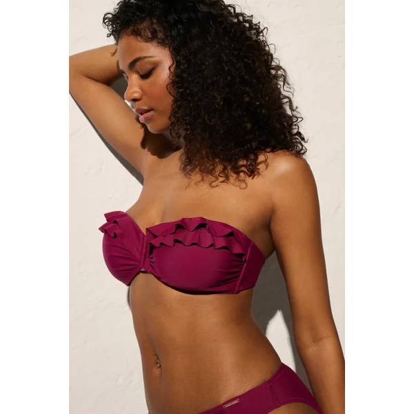 Haut de bikini bandeau uni à volants bordeaux