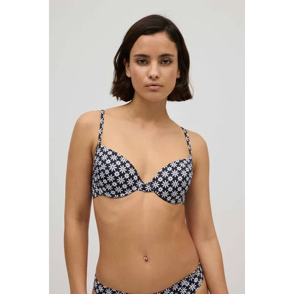 Haut de bikini classique à anneaux fleuris noir et blanc