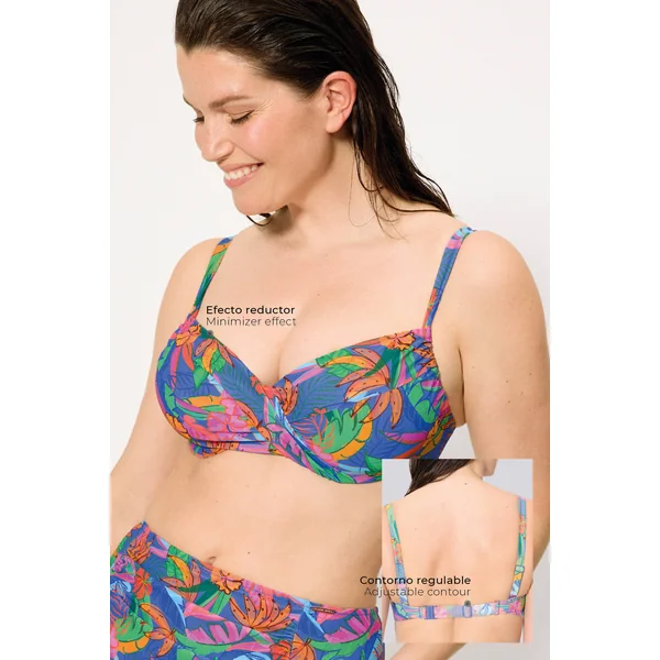 Haut de bikini minimaliste à imprimé tropical avec armatures réglables, bonnets C et D