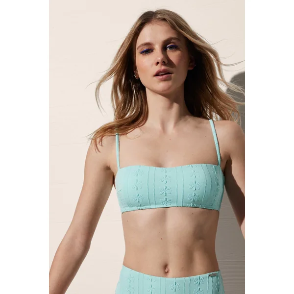 Haut de maillot de bain bandeau texture fleurie à bretelles réglables bleues