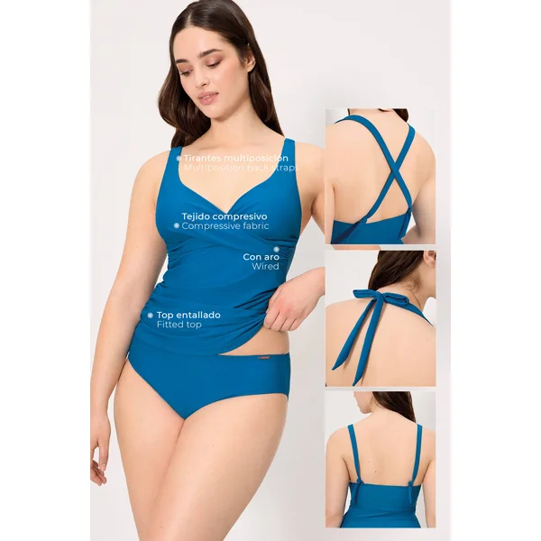 Haut de tankini bleu à armatures et culotte midi, bonnet C