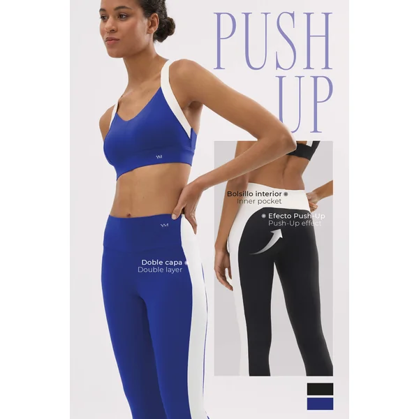 Leggings de sport longs bleus à effet push-up avec bande contrastante