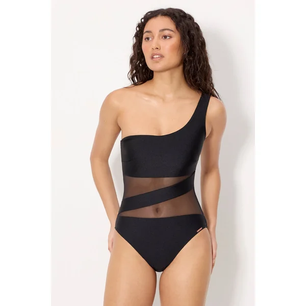 Maillot de bain asymétrique noir en tulle transparent et paillettes noires, bonnet B