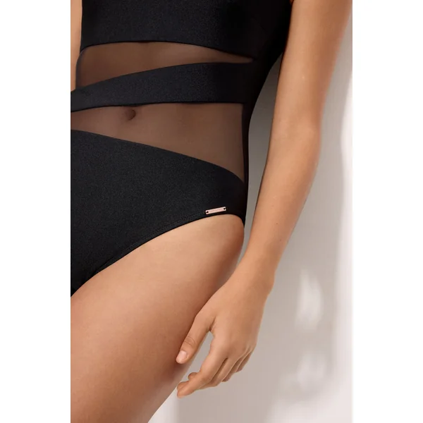 Maillot de bain asymétrique noir en tulle transparent et paillettes noires, bonnet B