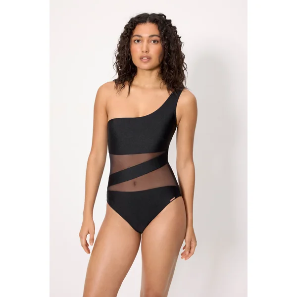 Maillot de bain asymétrique noir en tulle transparent et paillettes noires, bonnet B