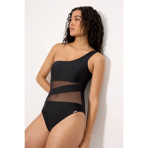 Maillot de bain asymétrique noir en tulle transparent et paillettes noires, bonnet B