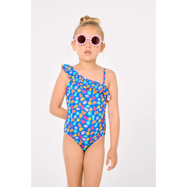 Maillot de bain asymétrique pour filles avec détails à volants et découpe imprimée aux formes organiques