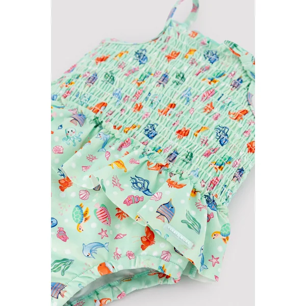 Maillot de bain bébé fille à volants et imprimé nid d'abeille à motifs de faune marine