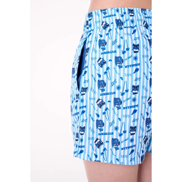 Maillot de bain court et jeune à rayures et motifs estivaux, bleu