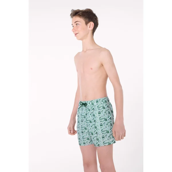 Maillot de bain court et jeune à rayures et motifs estivaux verts