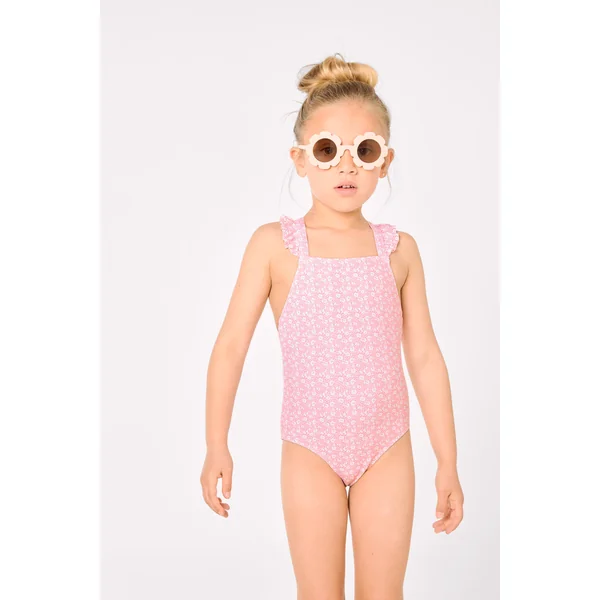 Maillot de bain pour fille avec détails à volants et bretelles croisées, imprimé léopard rose