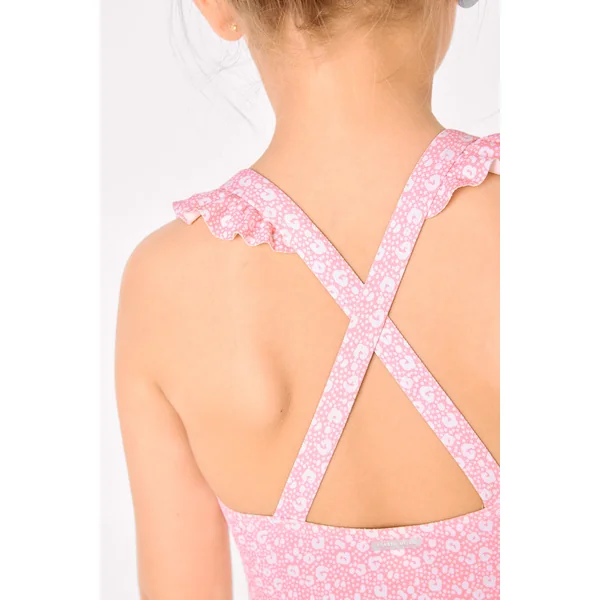 Maillot de bain pour fille avec détails à volants et bretelles croisées, imprimé léopard rose