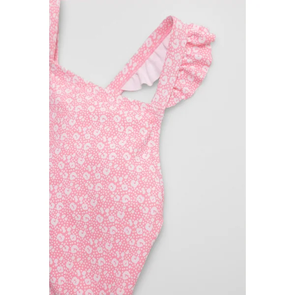 Maillot de bain pour fille avec détails à volants et bretelles croisées, imprimé léopard rose
