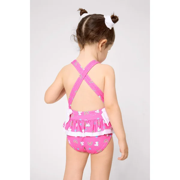Maillot de bain pour fille avec volants et nœuds, imprimé licorne