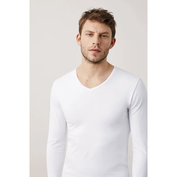 Maillot de corps blanc à manches longues et col en V
