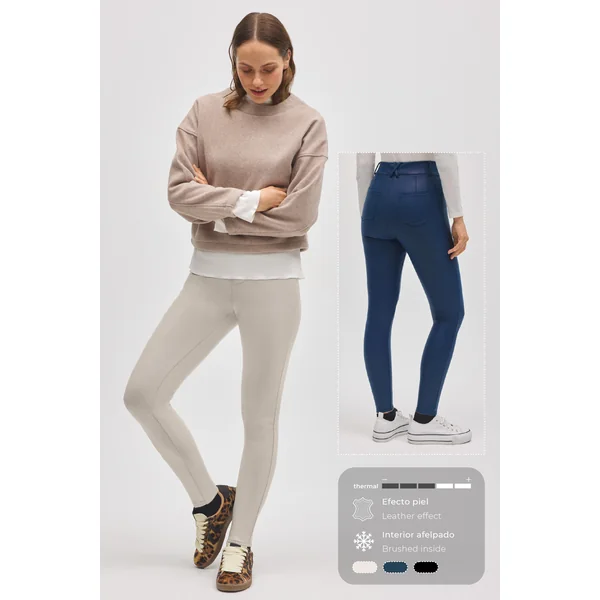 Pantalon thermique skinny ivoire stretch effet cuir