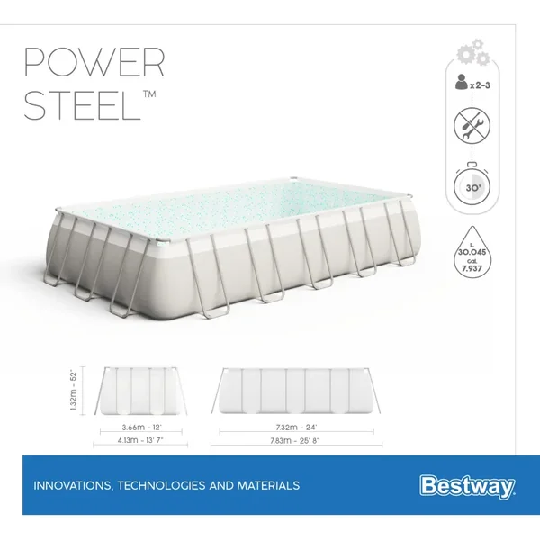 Piscine hors sol - Rectangulaire - Power Steel - Gris clair - 732 x 366 x 132 cm