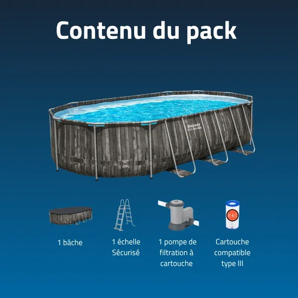 Piscine hors sol tubulaire ovale Bestway Power Steel 610 x 366 x 122 cm décor bois