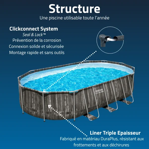 Piscine hors sol tubulaire ovale Bestway Power Steel 610 x 366 x 122 cm décor bois