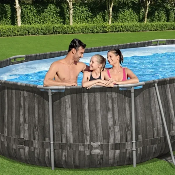 Piscine hors sol tubulaire ovale Bestway Power Steel 610 x 366 x 122 cm décor bois