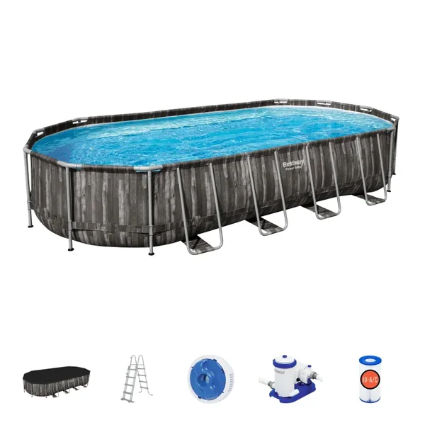 Piscine hors sol tubulaire ovale Bestway Power Steel 732 x 366 x 122 cm décor bois