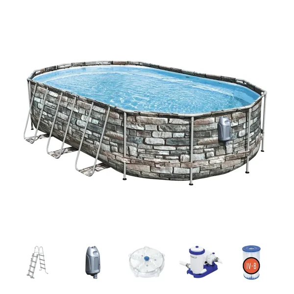 Piscine hors sol tubulaire ovale Bestway Power Steel Comfort Jet 610 x 366 x 122 cm décor pierres