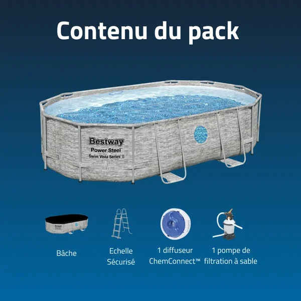 Piscine hors sol tubulaire ovale Bestway Power Steel Swim Vista 488 x 305 x 107 cm décor pierres