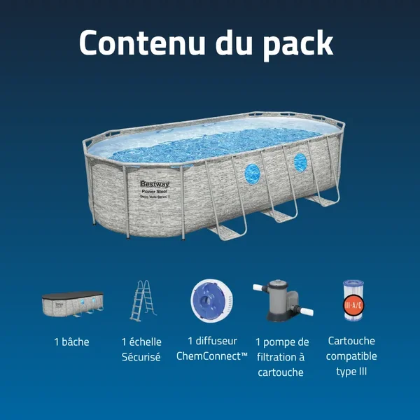 Piscine hors sol tubulaire ovale Bestway Power Steel Swim Vista 549 x 274 x 122 cm décor pierres