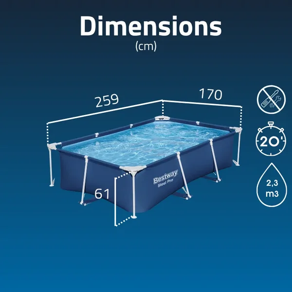 Piscine hors sol tubulaire rectangulaire Bestway Steel Pro 259 x 170 x 61 cm bleu