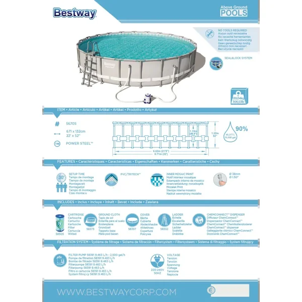 Piscine hors sol tubulaire ronde Bestway Power Steel 671 x 132 cm gris clair