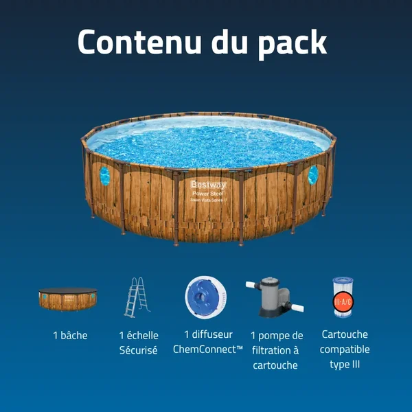 Piscine hors sol tubulaire ronde Bestway Power Steel Swim Vista 488 x 122 cm décor bois