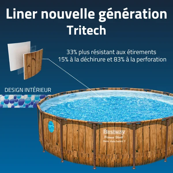 Piscine hors sol tubulaire ronde Bestway Power Steel Swim Vista 488 x 122 cm décor bois