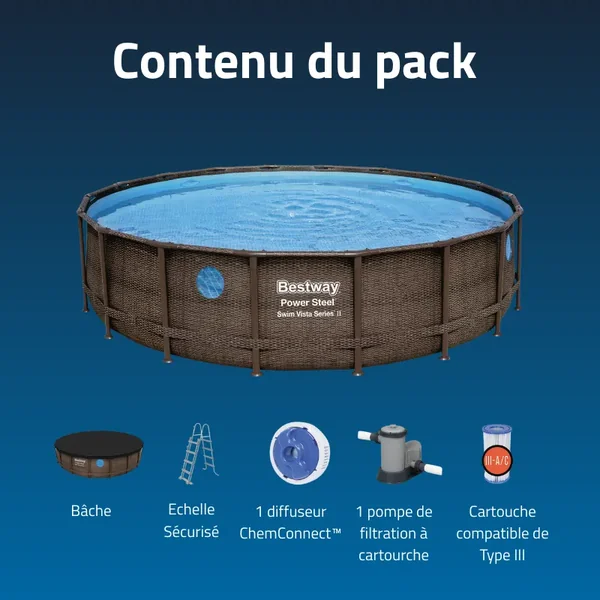 Piscine hors sol tubulaire ronde Bestway Power Steel Swim Vista II 549 x 122 cm décor bois
