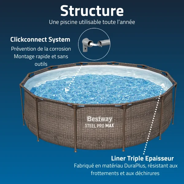 Piscine hors sol tubulaire ronde Bestway Steel Pro Max 366 x 100 cm décor rotin gris sans accessoires