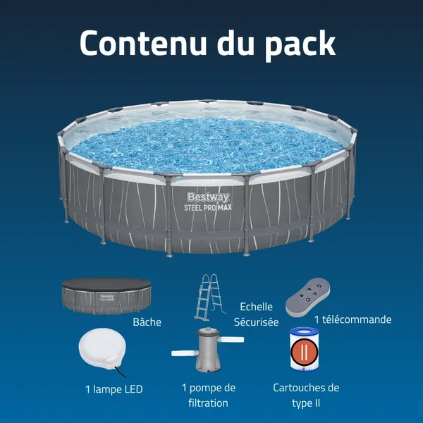 Piscine hors sol tubulaire ronde Bestway Steel Pro Max 457 x 107 cm gris clair avec LED